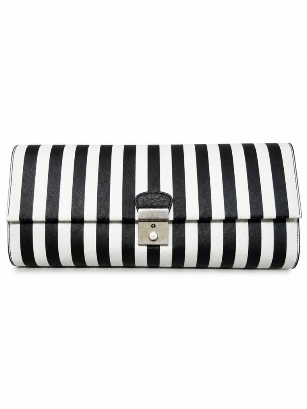 Black & White Striped Oversized Clutch Purse – Silver Clasp